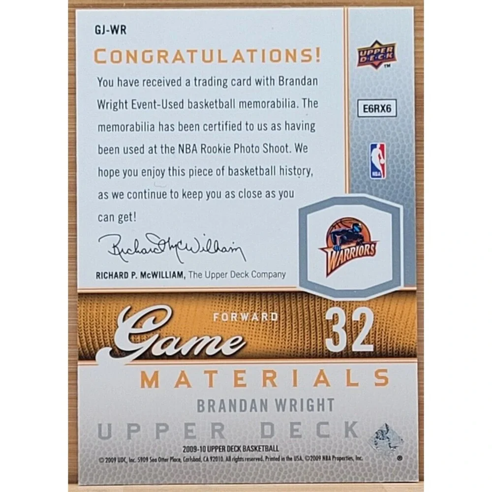 2009-10 UPPER‎ DECK BRANDAN WRIGHT #D/550 GAME MATERIALS WARRIORS